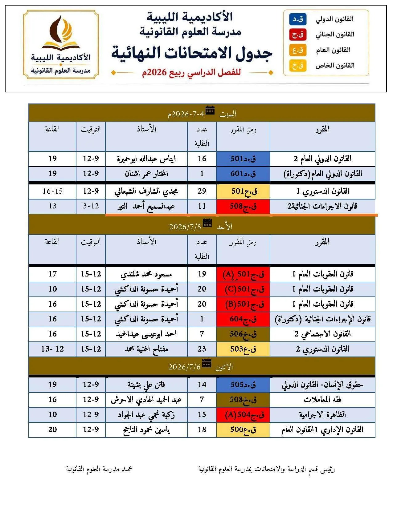 جدول الامتحانات النهائية للفصل الدراسي ربيع 2026