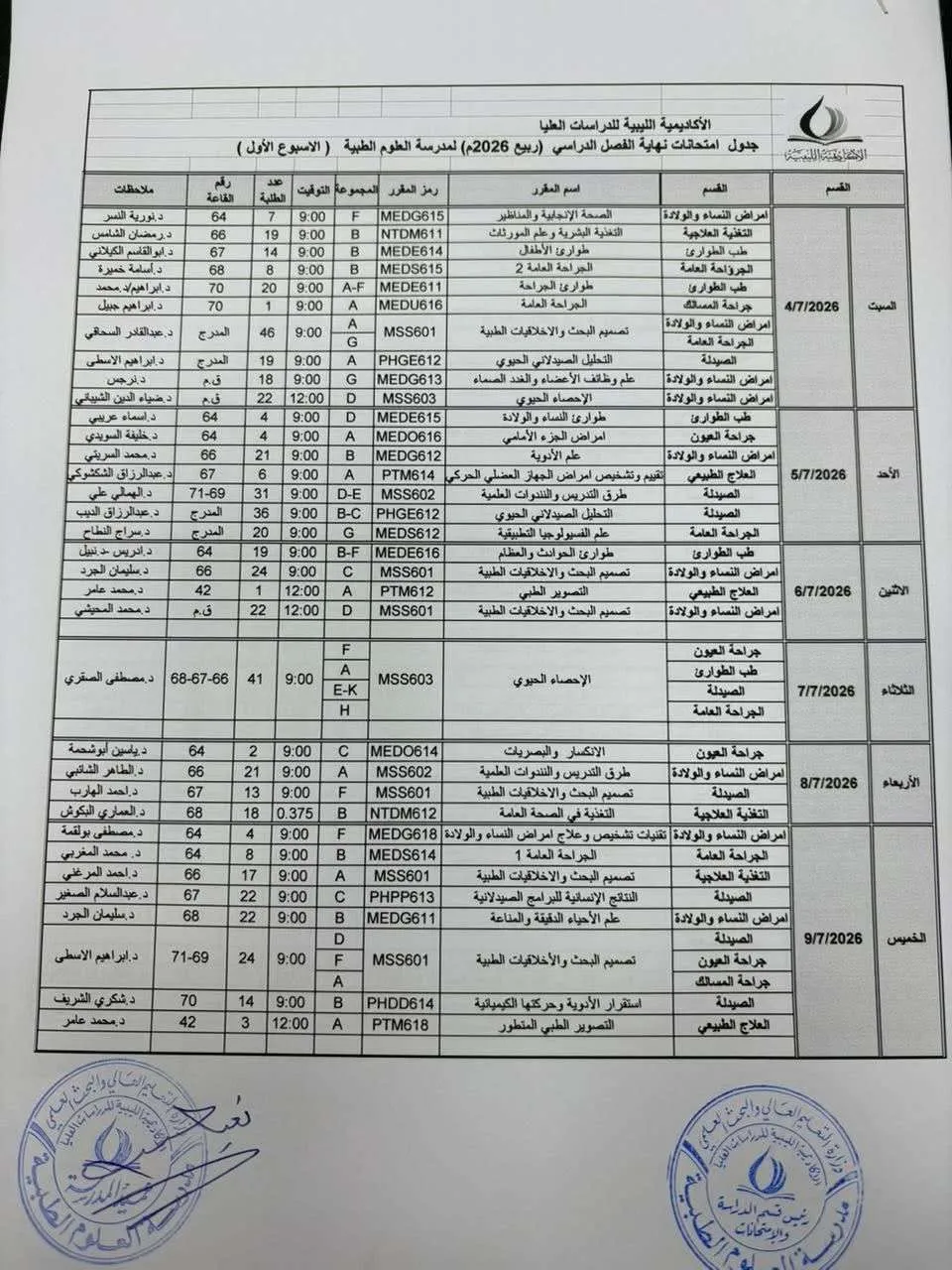 جدول الامتحانات النهائية للفصل الدراسي ربيع 2026م