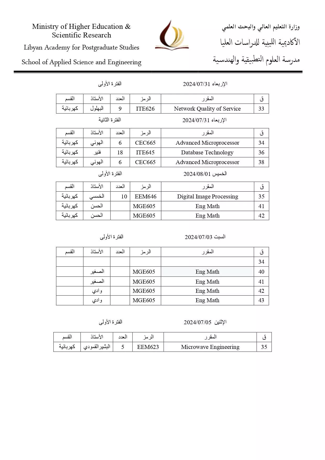 قسم الهندسة الكهربائية و الحاسوب - جدول الامتحانات النهائية لفصل الربيع 2024