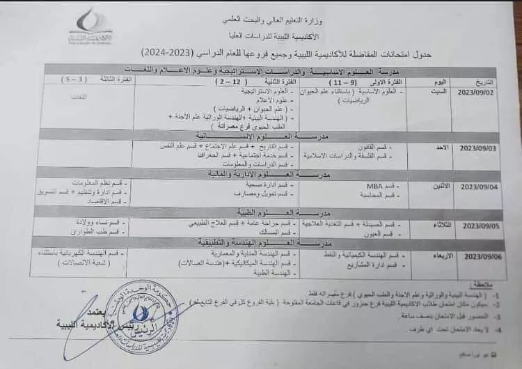 جدول امتحانات المفاضلة للاكاديمية الليبية للعام الدراسي 2023- 2024