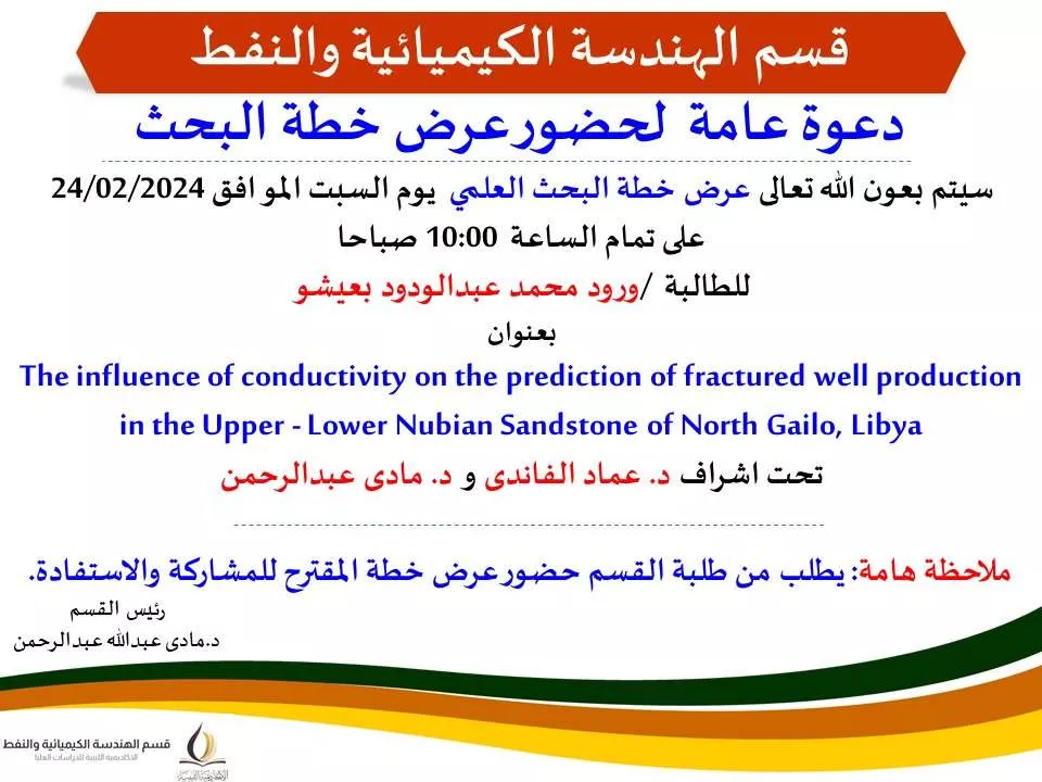 دعوة عامة  لحضور عرض خطة البحث للطالبة / ورود محمد عبدالودود بعيشو