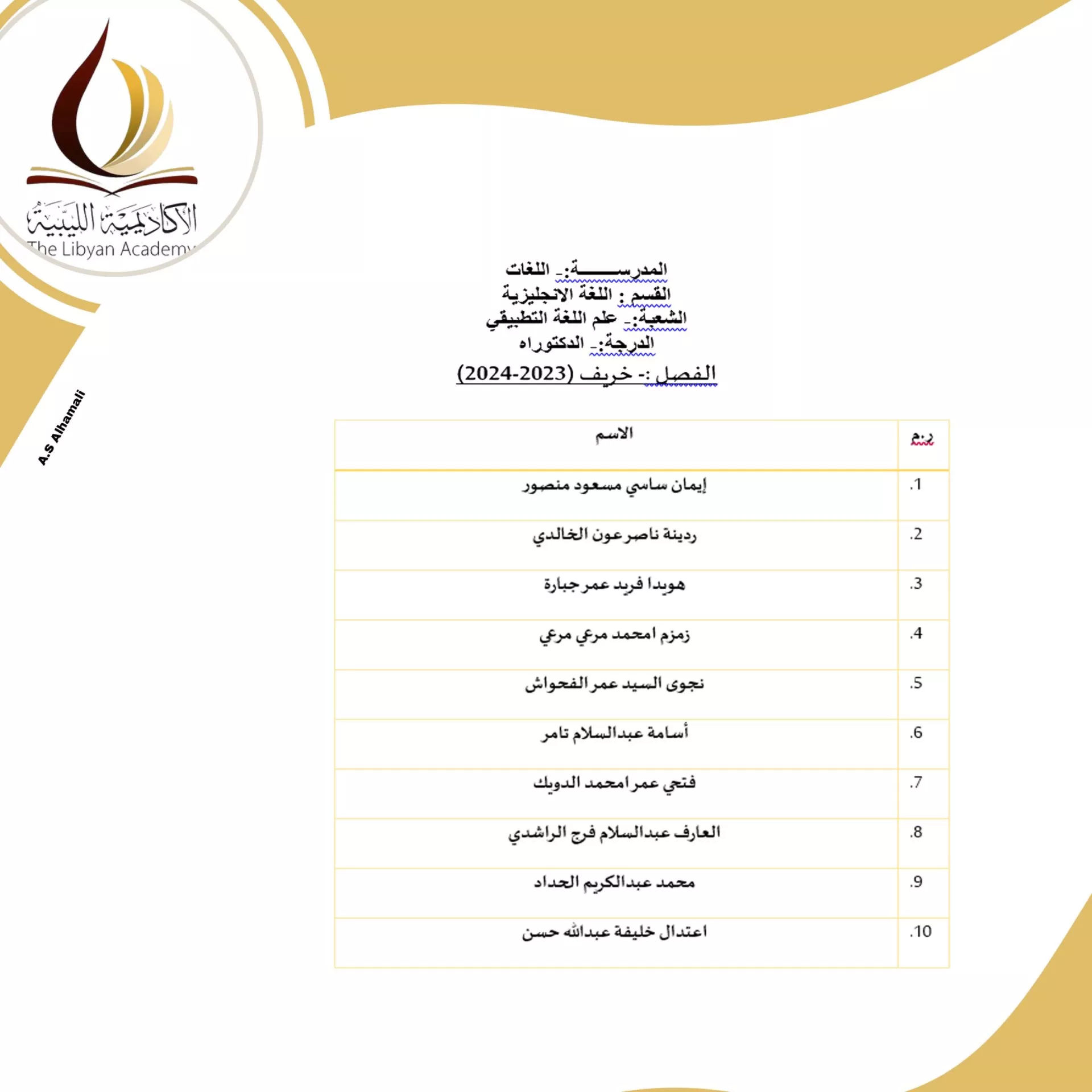 نتائج امتحانات المفاضلة للمتقدمين لدراسة الدكتوراه بالأكاديمية الليبية للدراسات العليا لمدرسة اللغات   للفصل الدراسي خريف 2023/ 2024